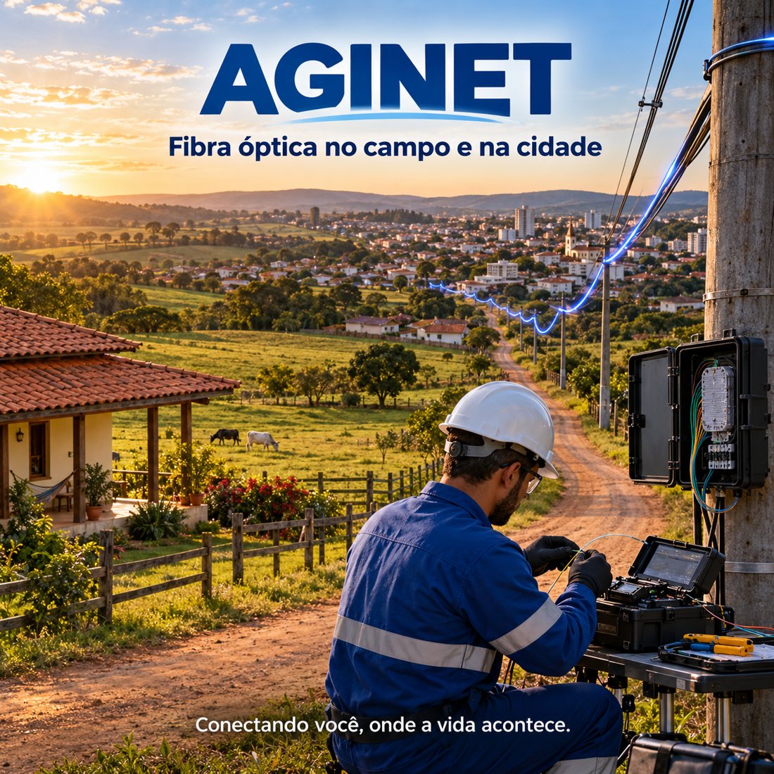 Técnico da AGINET fazendo a fusão de fibra óptica em um poste, com uma casa de fazenda e a cidade de Itapetininga ao fundo